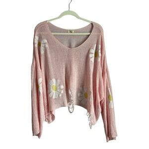 POL Pink Daisy Distressed Knit V Neck Oversized Sweater Top Women's Medium